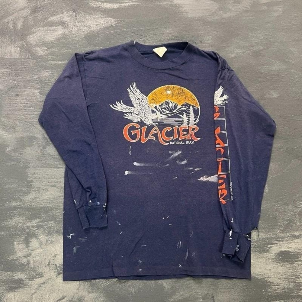 Vintage Glacier National Park Shirt Mens Medium Black 80s Long Sleeve Distressed
